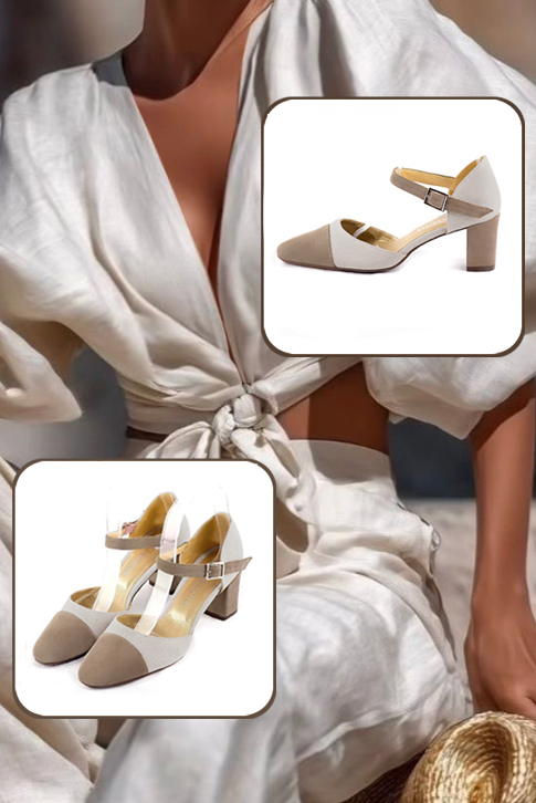 Women's tan beige and off white elegant closed-back heels, with an instep strap. Round toe. Medium block heels - Worn view
